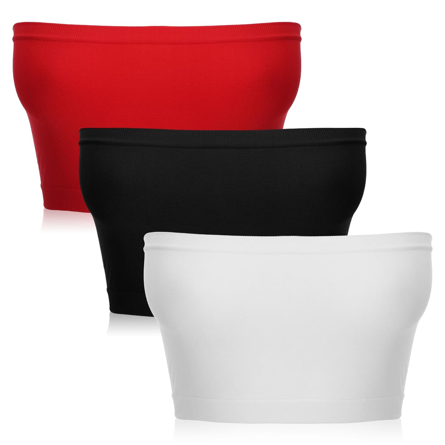 3 Pcs Women's Tube Top Pack, Summer Elasticity Strapless Bandeau Top, Bandeau Basic Strapless Tank Tops Crop Tops Sleeveless Shirt for Women, Black, White, Red