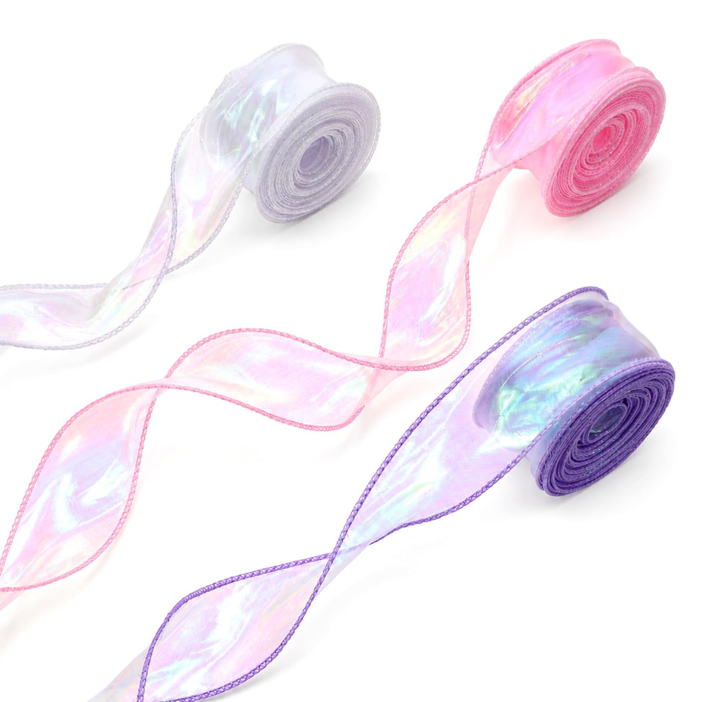 3 Rolls Iridescent Ribbon, 1.57 Inch × 8.5 Yards Sheer Ribbon