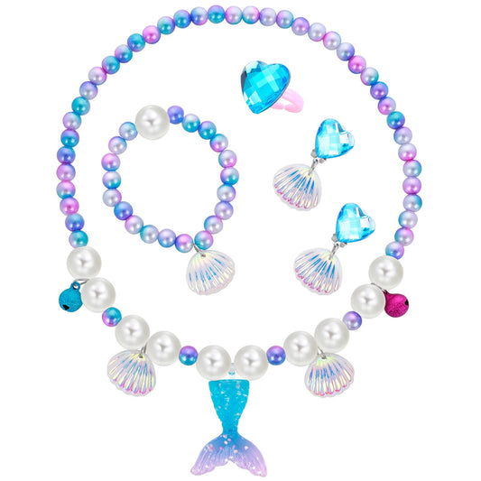 ASTER Mermaid Kids Jewelry Kit Birthday Gift for Girls, Mermaid Necklace Bracelet Princess Dress Up Set for Mermaid Party Decorations Halloween Costume Accessories (Blue)