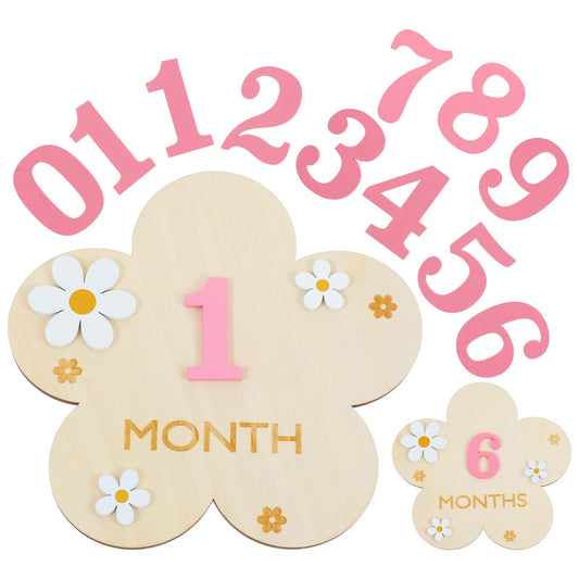 1 Set Milestone Cards Baby, DIY Flowers Milestone Cards Baby Wood, Interchangeable Figure Babies Monthly Cards (1-12 Months, Pink)