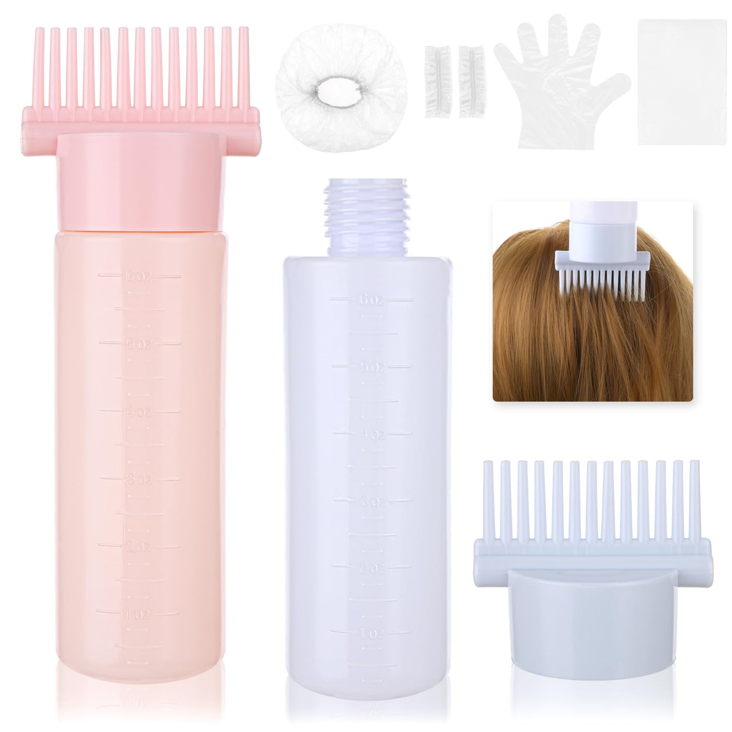 Aster Root Comb Applicator Bottle, 2 Pcs 6 Ounce Hair Oiling Applicator Bottle with Gloves, Bibs, Earmuffs, Hoods, Bottle Applicator Brush with Graduated Scale for Hair Dye(Blue, Pink)