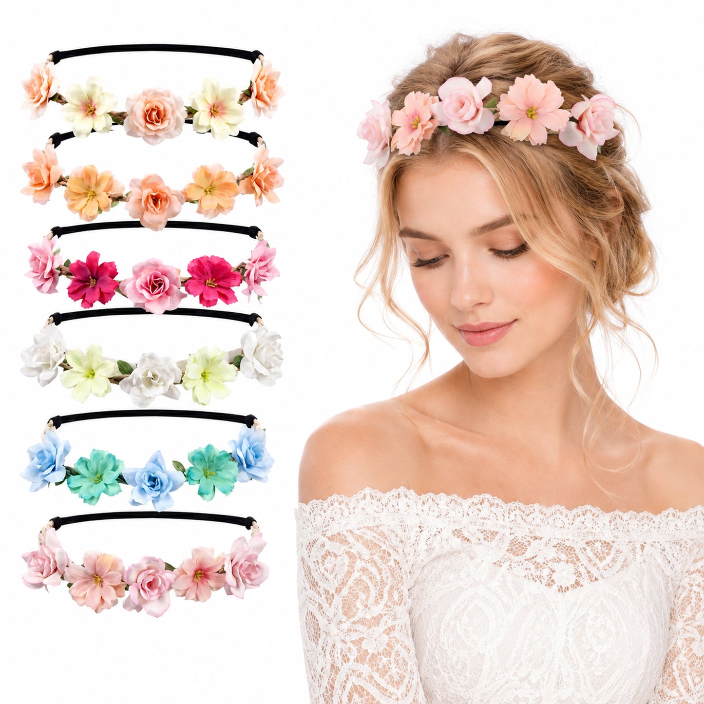 6 Pcs Flower Crowns, Boho Hair Wreaths for Women, Floral Headband Flower Tiaras Floral Headpiece for Weddings, Bridesmaids, Festival Party, Photo Shoot and Daily Wear