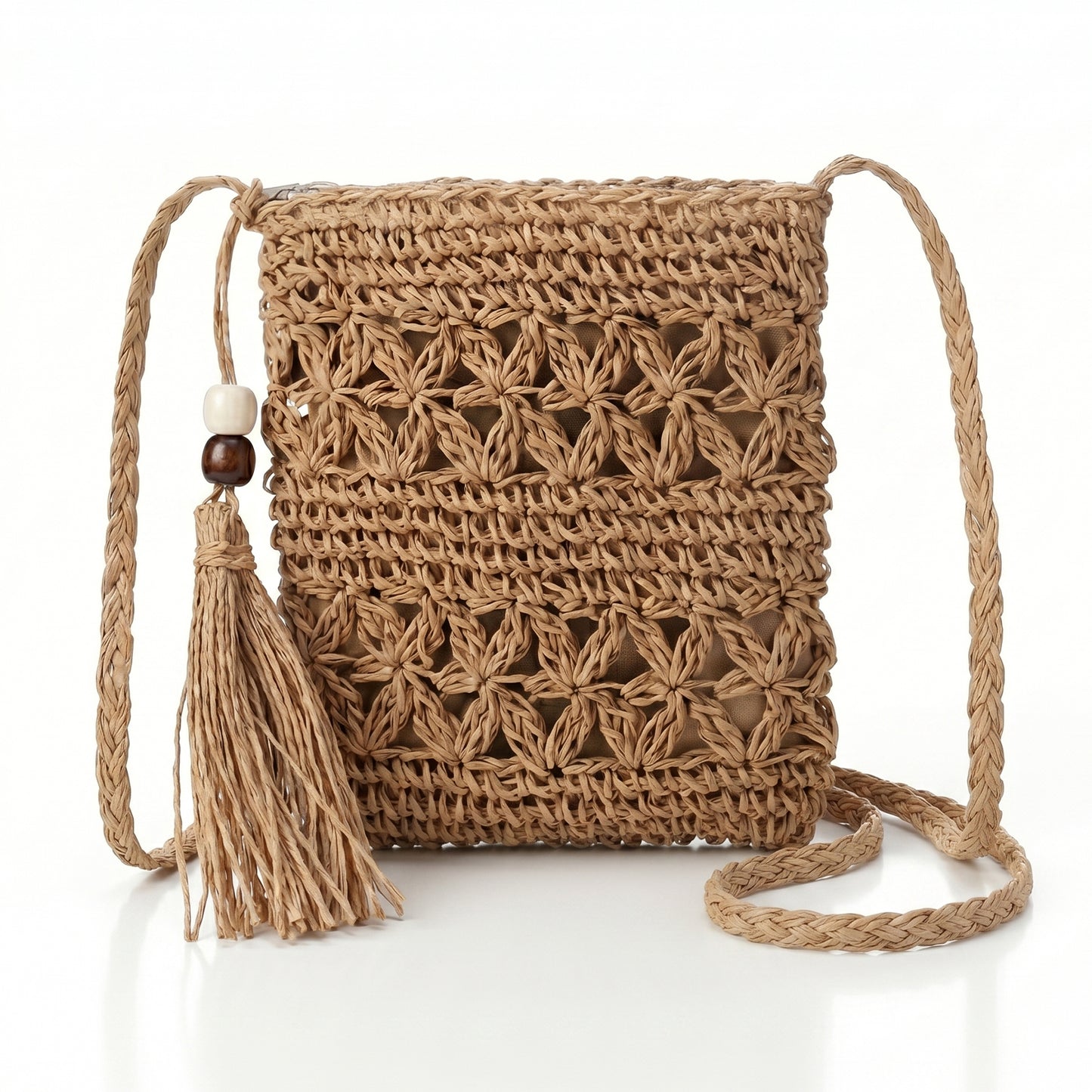 Grevosea Handwoven Crochet Bag for Women Summer, Boho Woven Macrame Tote Shoulder Purse with Tassels, Vacation Beach Casual Travel Handbag