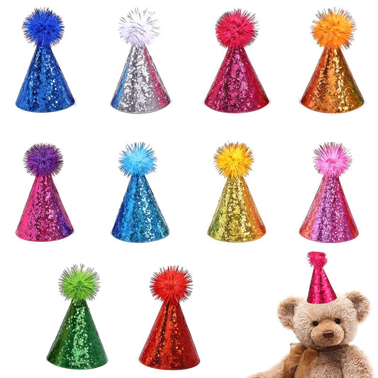 10 Pack Mini Party Hats for Toy Animals, Tiny Adjustable Hats with Shiny Pom Poms for Mini Dog Kittens Teddy Toys Dolls Crafts, Birthday Cake Decorations Party Accessories