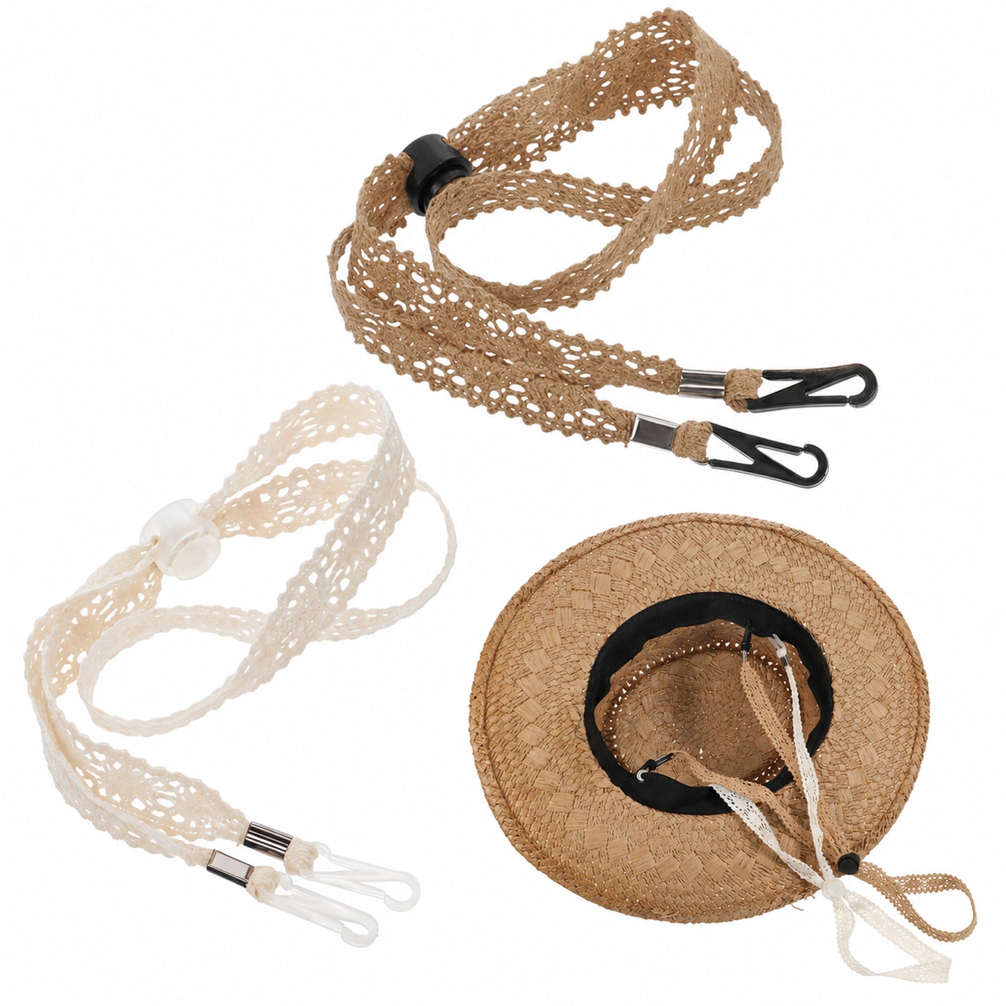 Tweruna 2 PCS Hat Chin Strap, Adjustable Brown Beige Hat Straps for Wind with Clips, Lace Chin Strap for Hat, Replacement Lace Windproof Keeper String for Women Outdoor Hats(Brown, Beige)