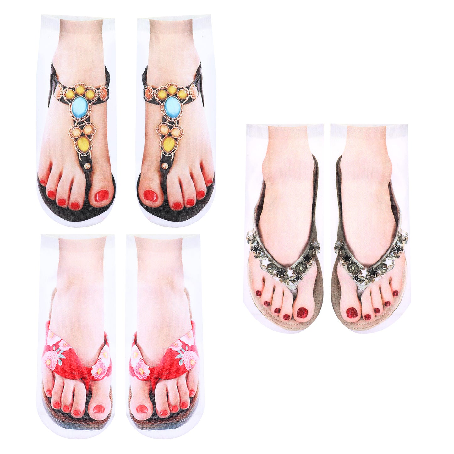 Aysatogc 3 Pairs 3D Pattern Print Flip Flop Socks, Manicure Print Socks Womens Novelty 3D Printing Pattern Summer Sock Silly Sock for Halloween Christmas Girls Party Gift