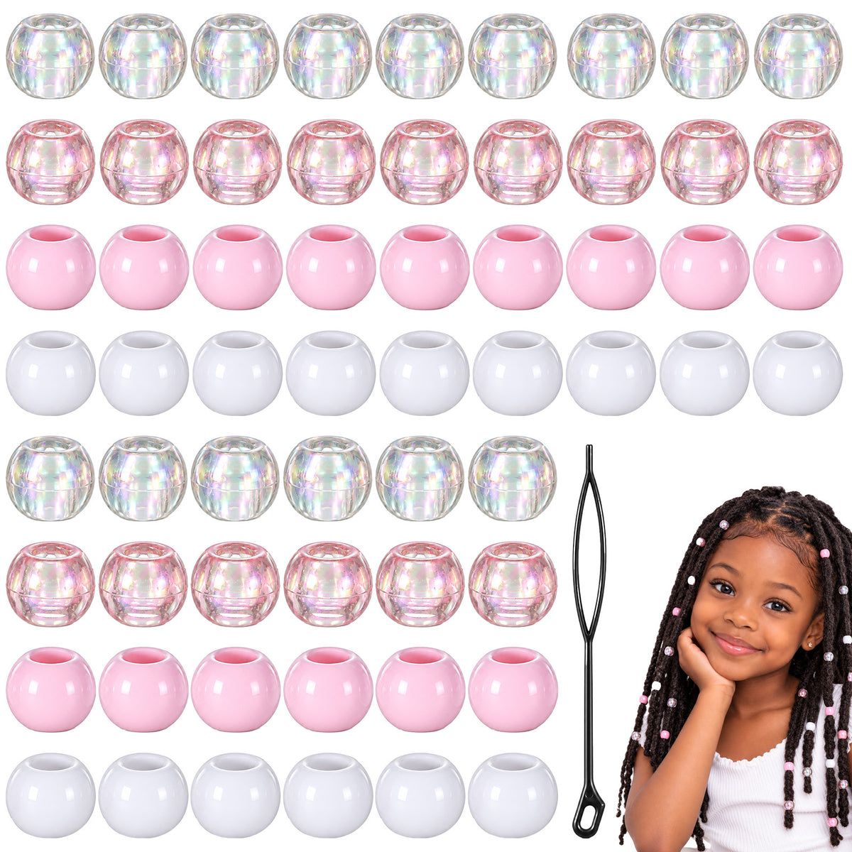 Yuanan 60pcs White Hair Beads for Braids, Acrylic Hair Beads for Kids
