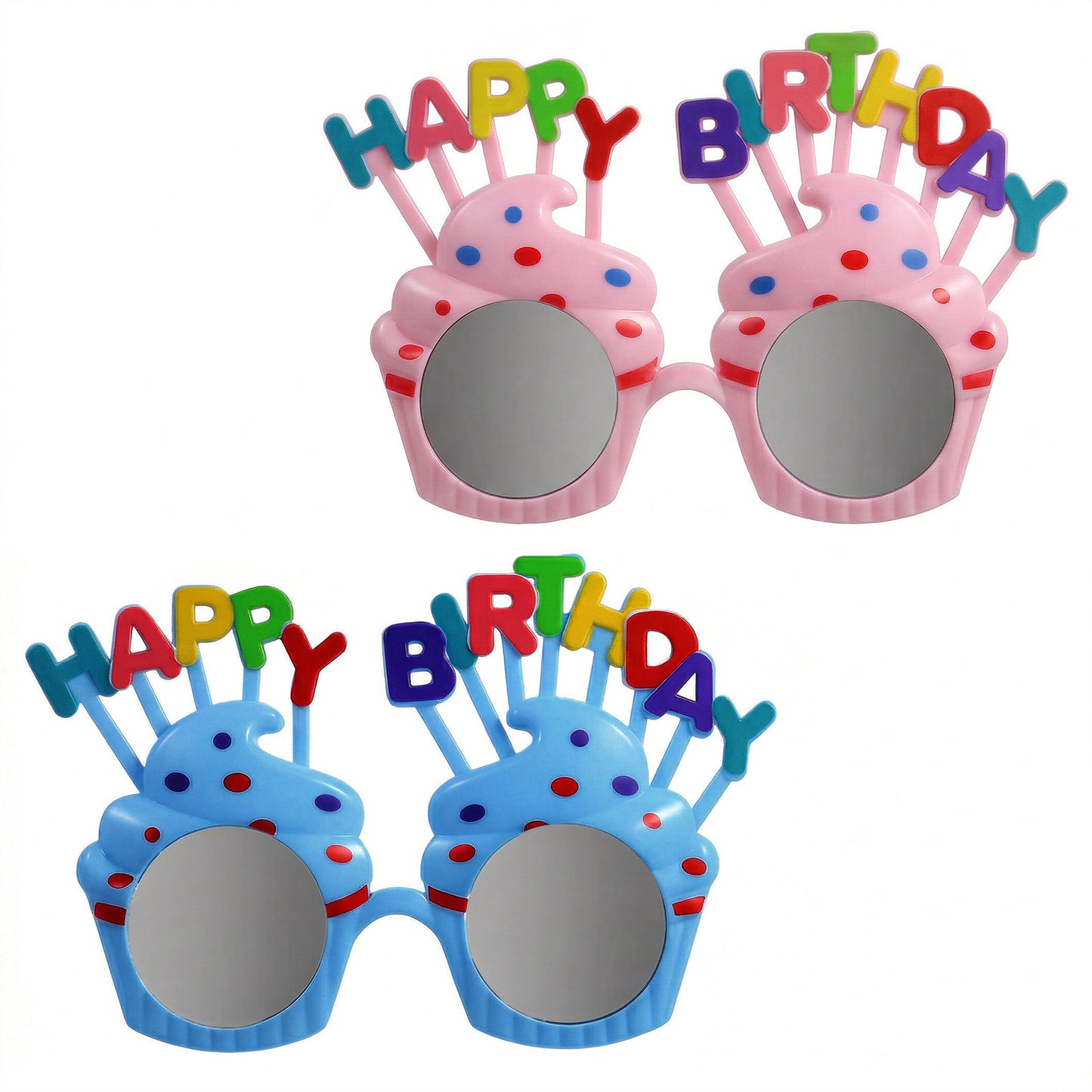 Quilax 2Pcs Happy Birthday Glasses, Multi-Shaped Birthday Sunglasses, Photo Props with Happy-Birthday Text (Pink, Blue)