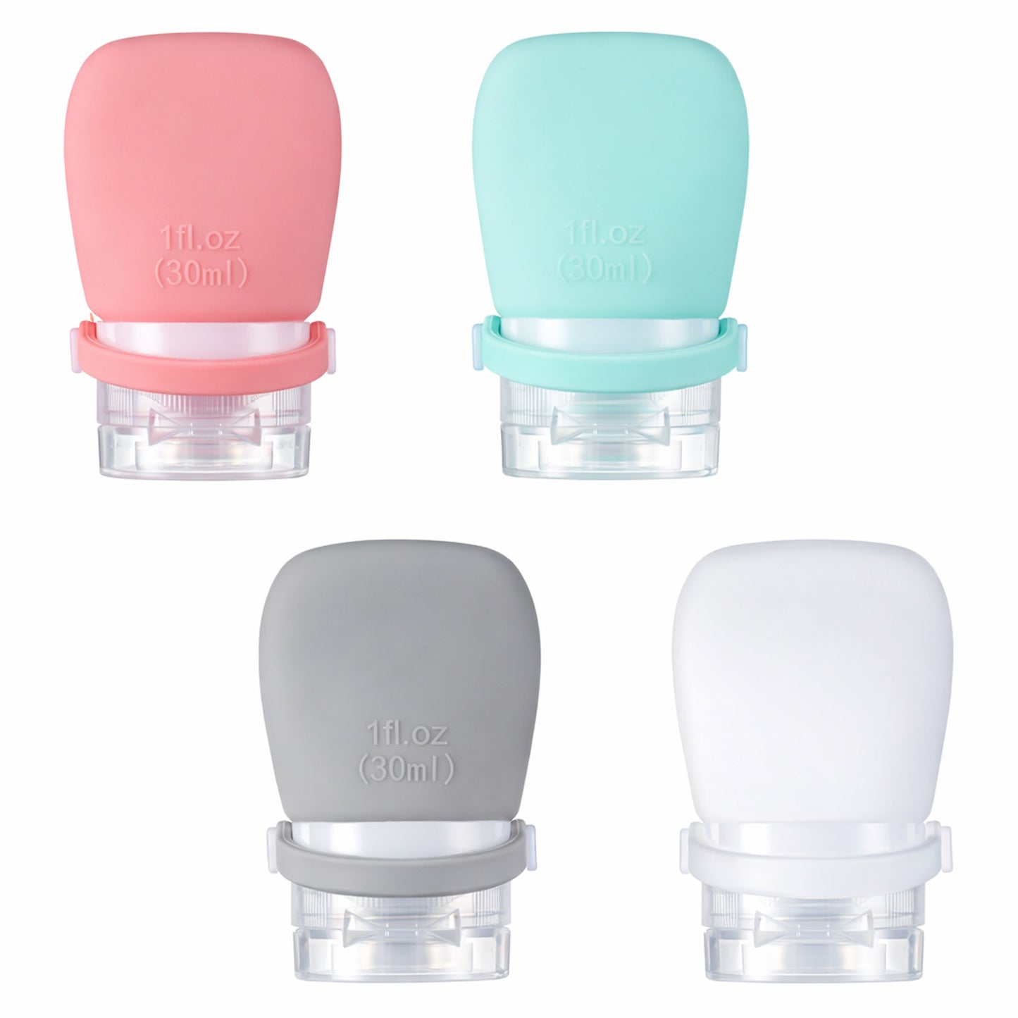 Axafazup 4Pcs 1oz Silicone Travel Bottles, Leak Proof Squeeze Bottles, for Toiletries, Shampoo, Conditioner, Lotion or Salad Dressing, Ketchup, Travel Size Containers, Reusable On The Go Supplies