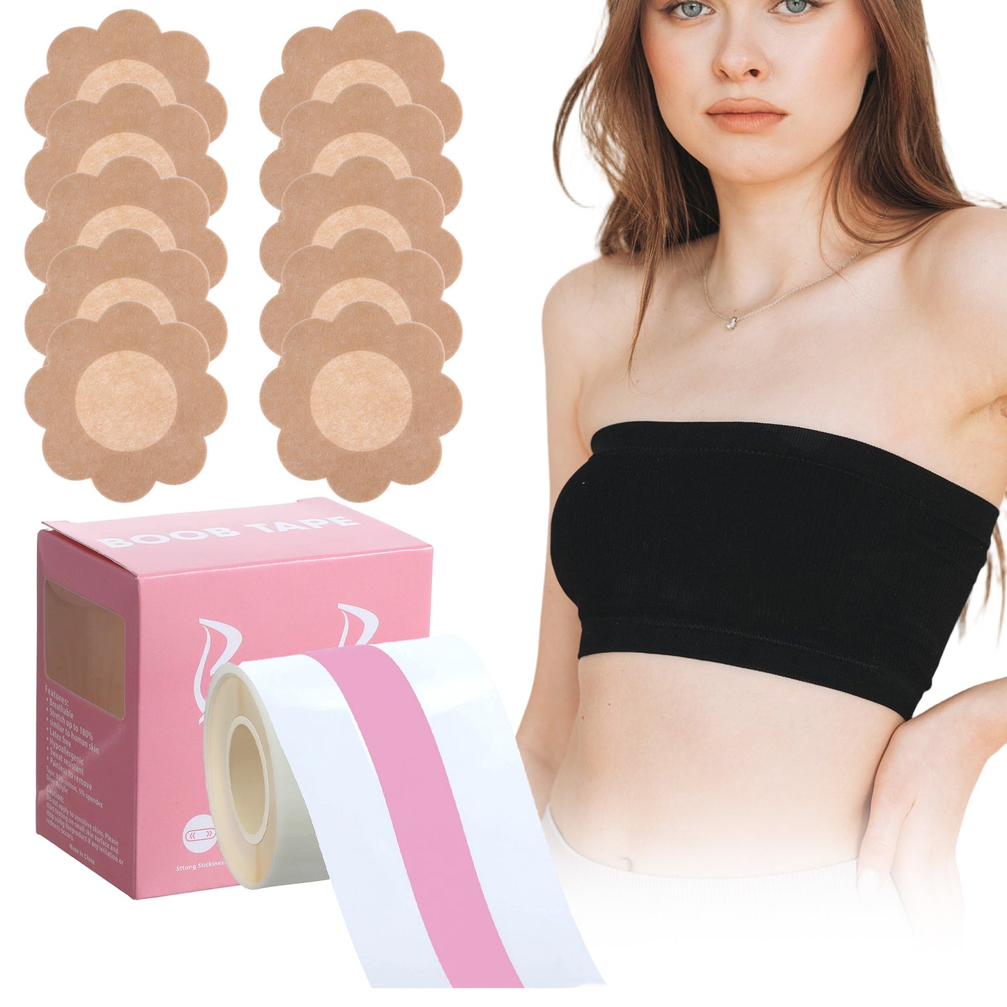 CIATBYYJ Clear Breathable Boob Lift Tape, Soft Breast Tape, Invisible Breast Lift Tapes with 10Pcs Flower Nipple Covers, Sticky Clear Boobtape for Wedding Party Anniversary Dress Sport Clothes