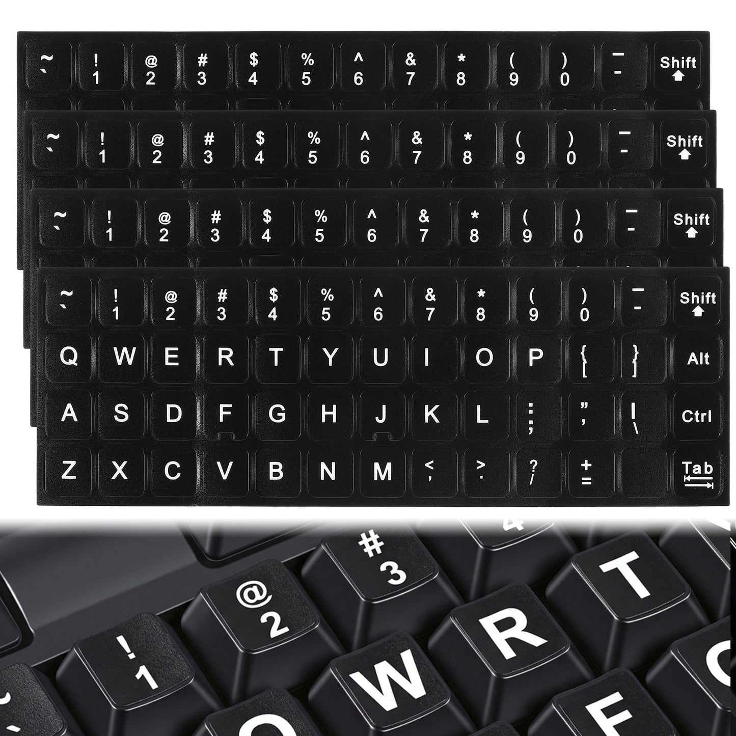 4Pcs Universal English Keyboard Letter Stickers, Replacement Keyboard Letters Sticker, Black Background White Lettering for PC Laptop Desktop Computer