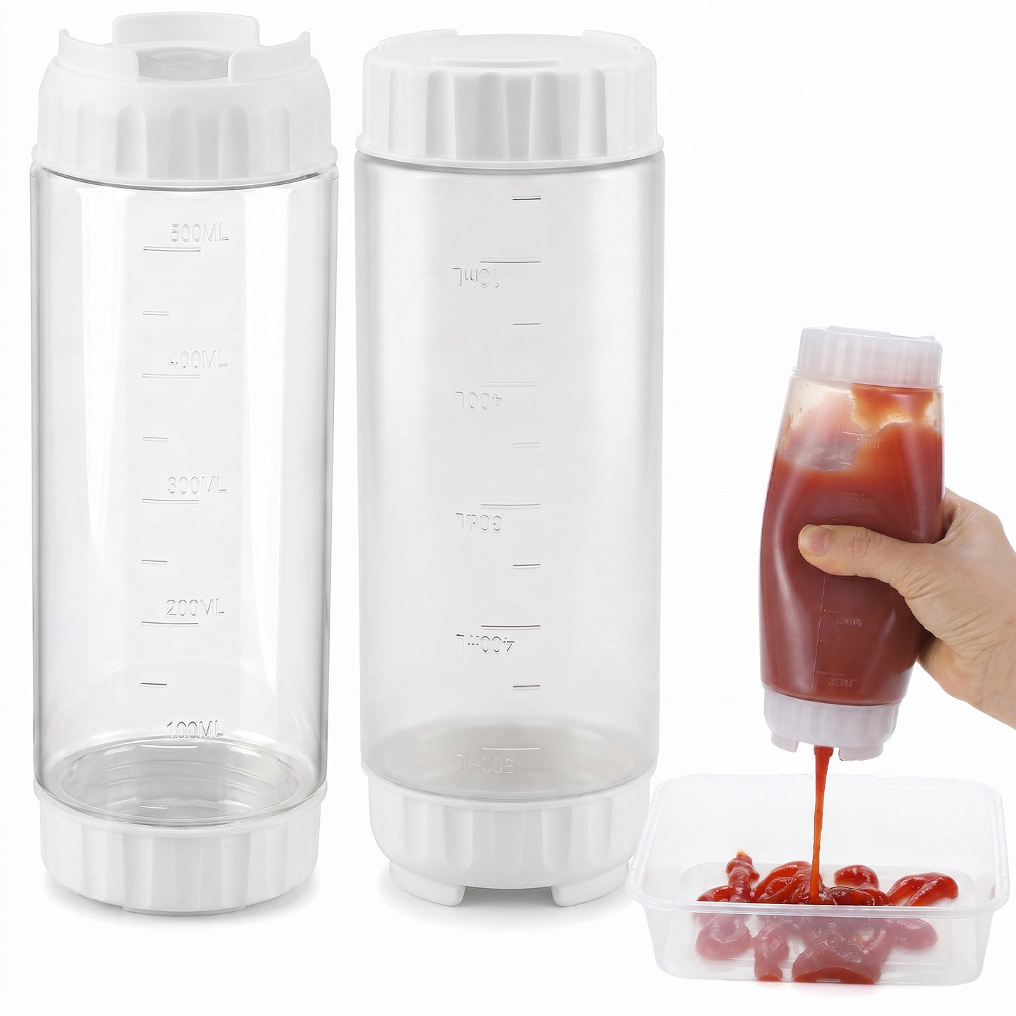 Grevosea 2 Pcs 20 oz Inverted Squeeze Bottles, Refillable Large Valve Condiment Dispenser, Self-Sealing Leakproof Syrup Ketchup Sour Cream Sauce Bottle for Restaurant Home Kitchen(White)