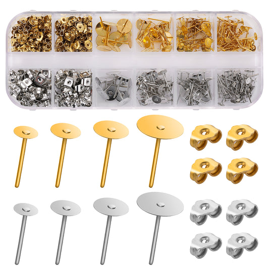 ASTER 400Pcs Earring Making Kit Stainless Steel Hypoallergenic Earring Posts Studs with Butterfly Earring Backs for Earring Making Include a Storage Box,4Sizes (4,5,6,8 mm Longth) Gold&Silver