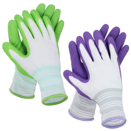 Aysatogc 2 Pairs Gardening Gloves for Women, Garden Work Gloves Breathable Rubber Coated Outdoor Protective Yard Glove with Grip for Women and Men Gardening Gifts Garden Essentials (Green & Purple)