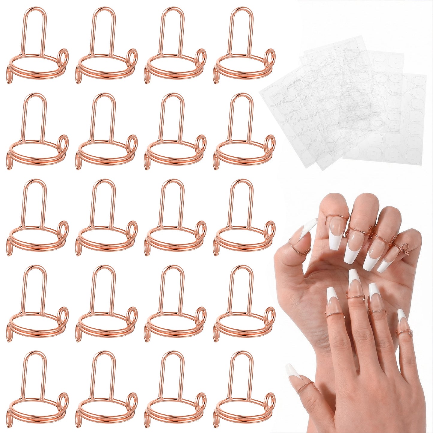 Grevosea 20 Pcs Nail Rings, Rose Gold Adjustable Detachable Nail Ring Fingernail Rings with Adhesive Nails Tabs for Women Acrylic Nails Art Decoration Charms Accessories