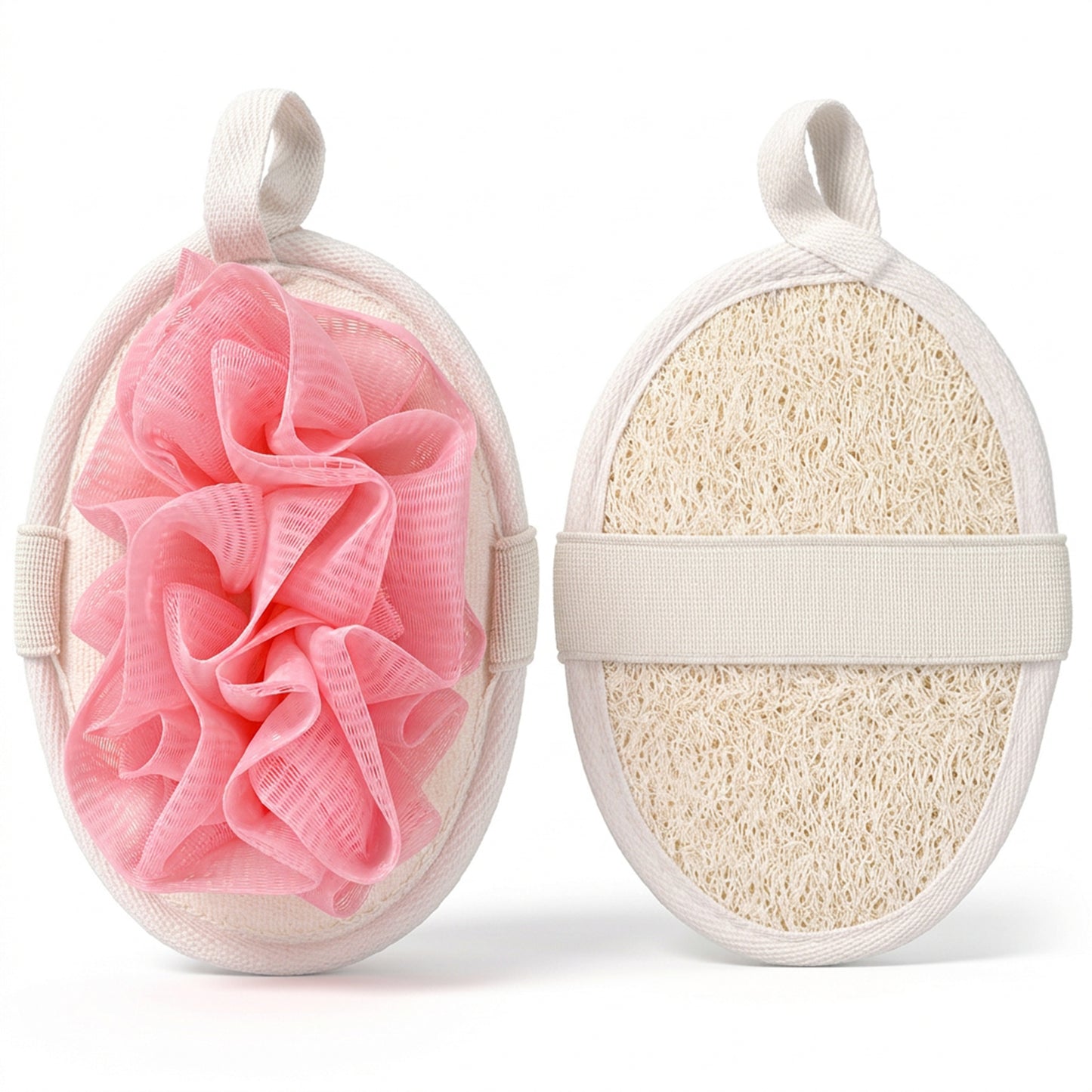2Pcs Travel Natural Loofah Sponge, Shower Puff with Elastic Hand Strap, Exfoliating Shower Puff for Body and Sensitive Skin, Lightweight Washable Mesh Sponges (Pink, Beige)