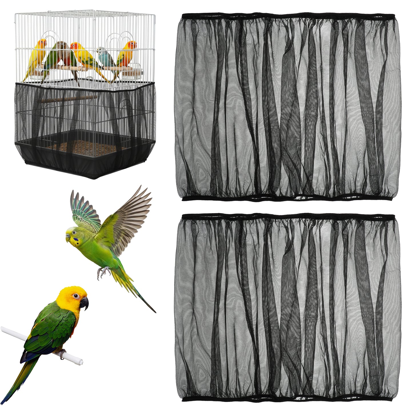 2 PCS Bird Cage Seed Catcher Net Cover, Black Adjustable Breathable Mesh