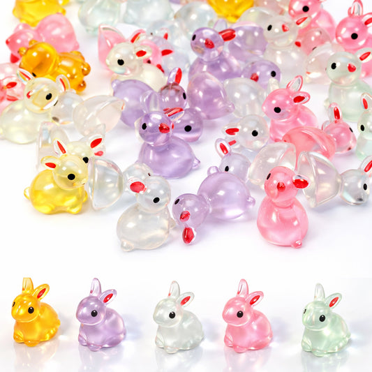 Aysatogc 60Pcs Easter Luminous Mini Resin Bunny, Mini Resin Animal Figures Rabbits for Fairy Garden Dollhouse Decor Easter Egg Fillers Party Favors Supplies (6 Colors)