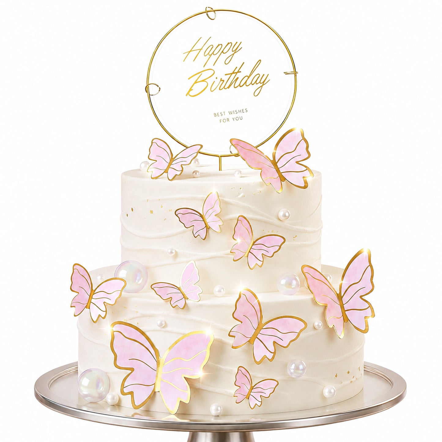 Pink Butterflies Cake Toppers, 11pcs Butterfly Cupcake Decorations with Metal Happy Birthday Topper, Pink Dream Butterflies Cake Topper for Women, Happy Birthday Party Decorations
