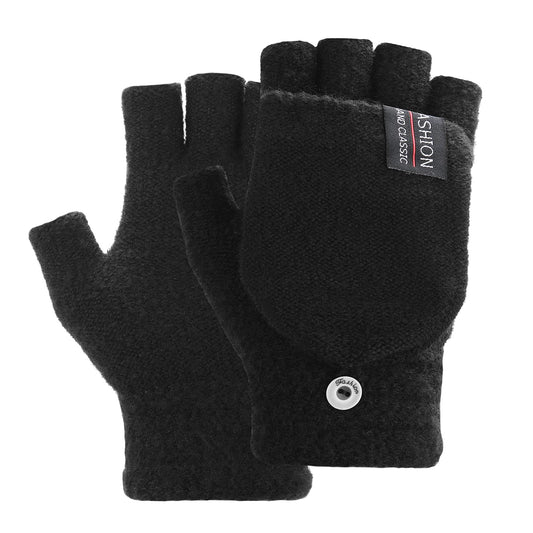 Thinp Fingerless Gloves for Women and Men, Winter Gloves Warm Wool Knit Flip Fingerless Gloves with Cover Convertible Mittens Knitted Gloves (Black)