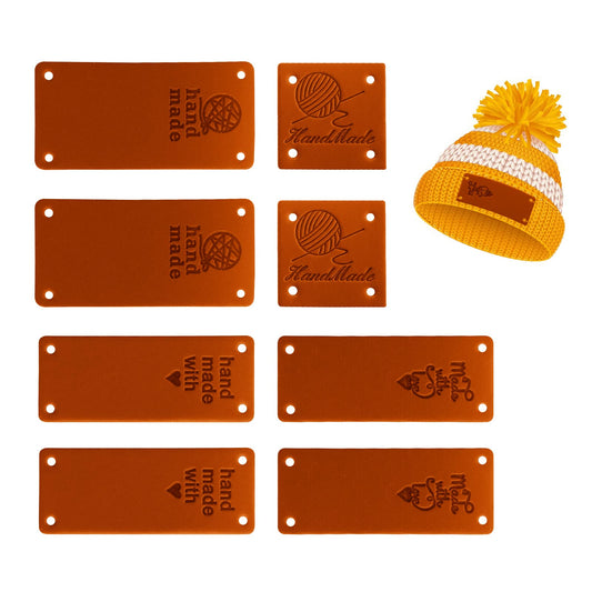 ASTER 40 Pieces PU Leather Labels Handmade Leather Tag Labels with Holes Clothing Garment, Embossed Tags Embellishment Knit, Leather Tags for Crochet Sewing Clothing Decors (4 Patterns)
