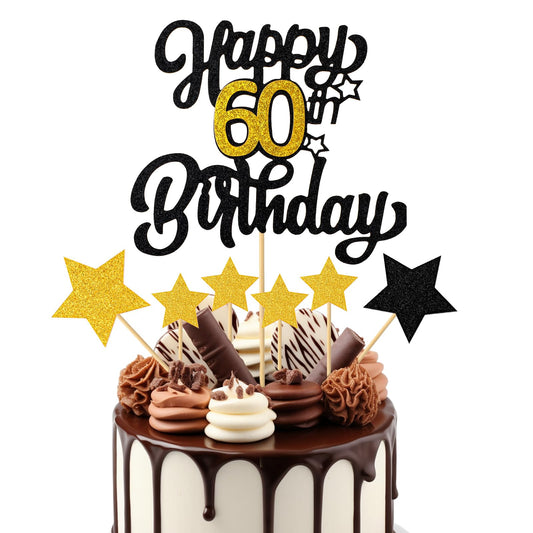 1 PCS Happy 60st Birthday Cake Topper, Black Gold Glitter Cheers to 60 Years with 6 Star Cards, 60st Fabulous Cake Topper Party Decoration for Happy 60st Birthday Theme Party Decorations Supplies