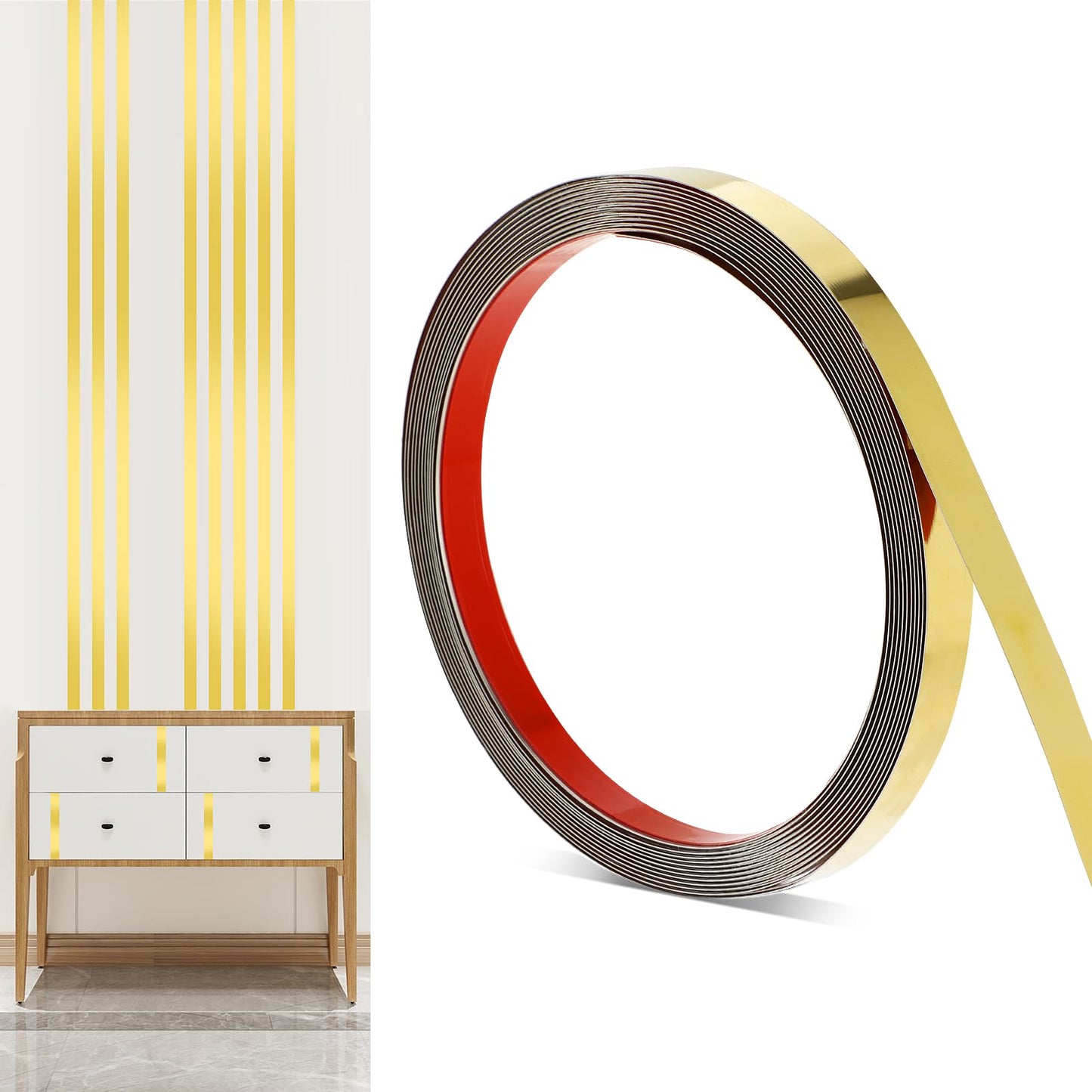 1 Roll Gold Metallic Wall Decal Peel and Stick Trim, Gold Mirror Trim Peel and Stick Wall Molding Trim for Mirror Frame Wall Fireplace Home DIY Decoration (16.4 ft x 0.59 inch)(1.5cm/0.59inch,Gold)