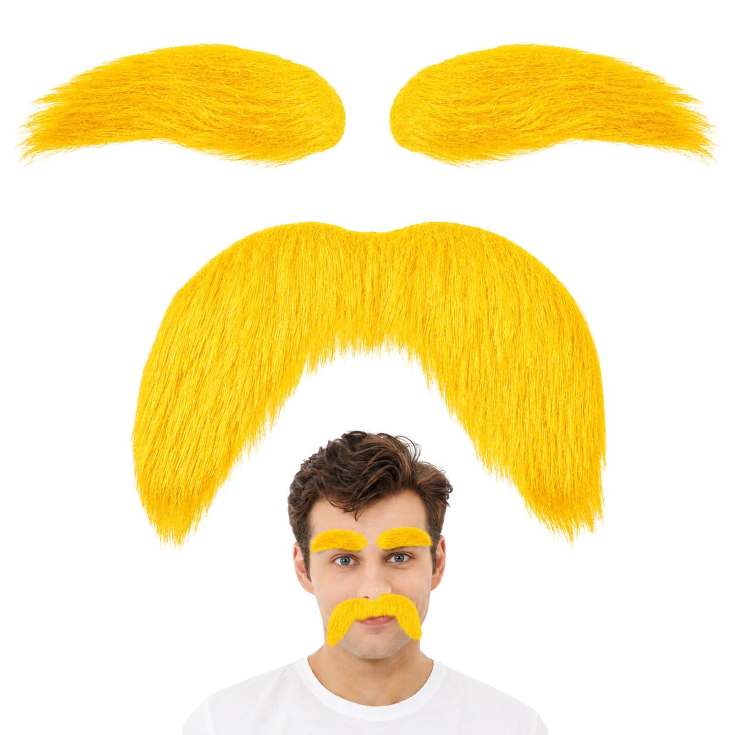 Fake Beard and Eyebrow Set, Funny Moustache for Gluing (Yellow)