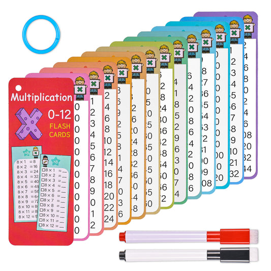 Times Table Flash Cards 0-12 Multiplication Chart with 2 Dry Erase Markers for 1st to 3rd Grade Math Game