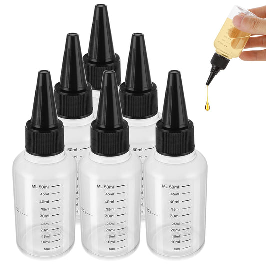 ASTER 6 Pack Hair Oil Applicator Bottle, 2 Ounce Refillable Hair Dye Bottle, Empty Plastic Oil Bottle for Hair with Ratio Graduated Scale, Opossum Hair Oil Applicator with Twist Top Cap