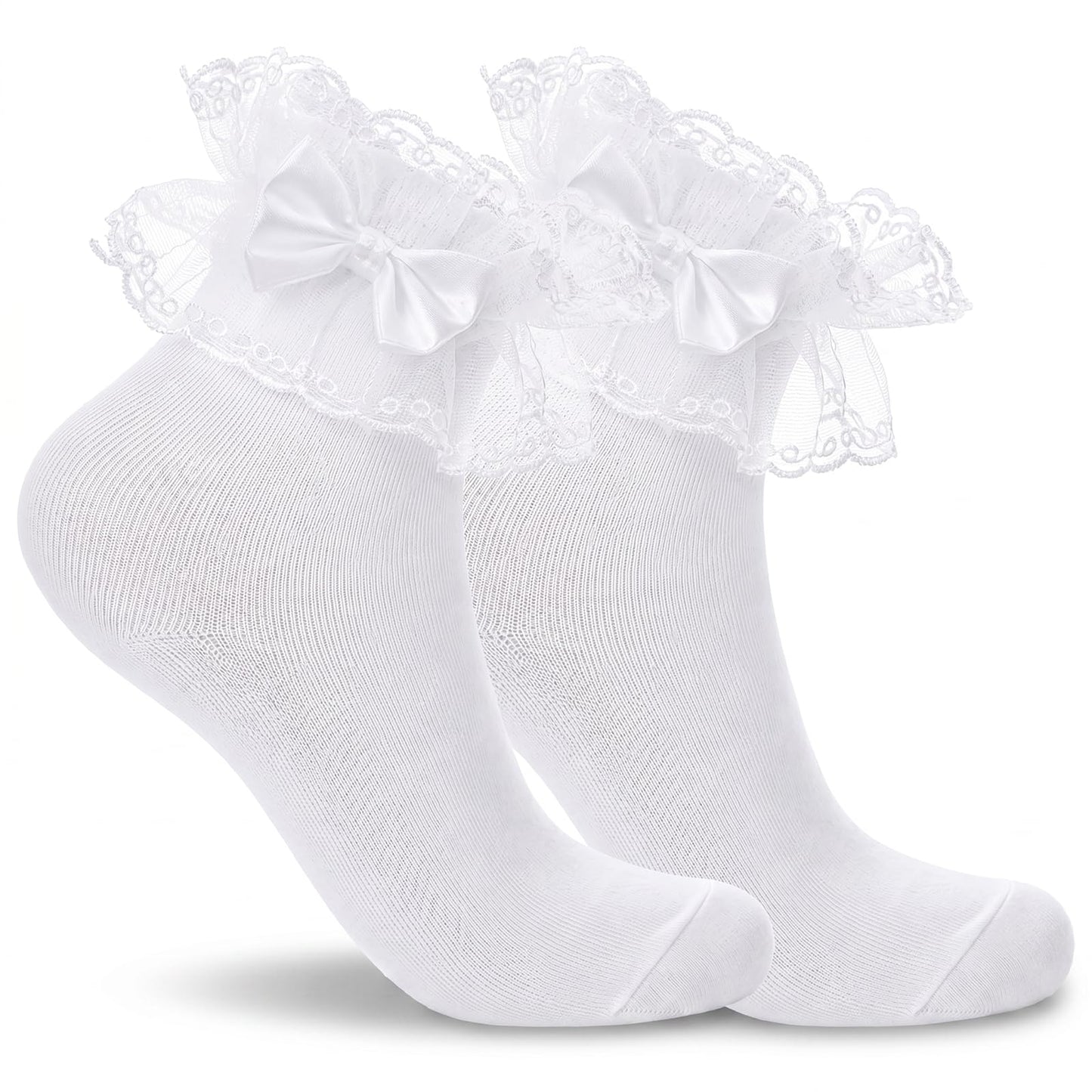Auteonsa Frilly Socks with Bow, Double-Layered Lace Ruffle Sock for Women