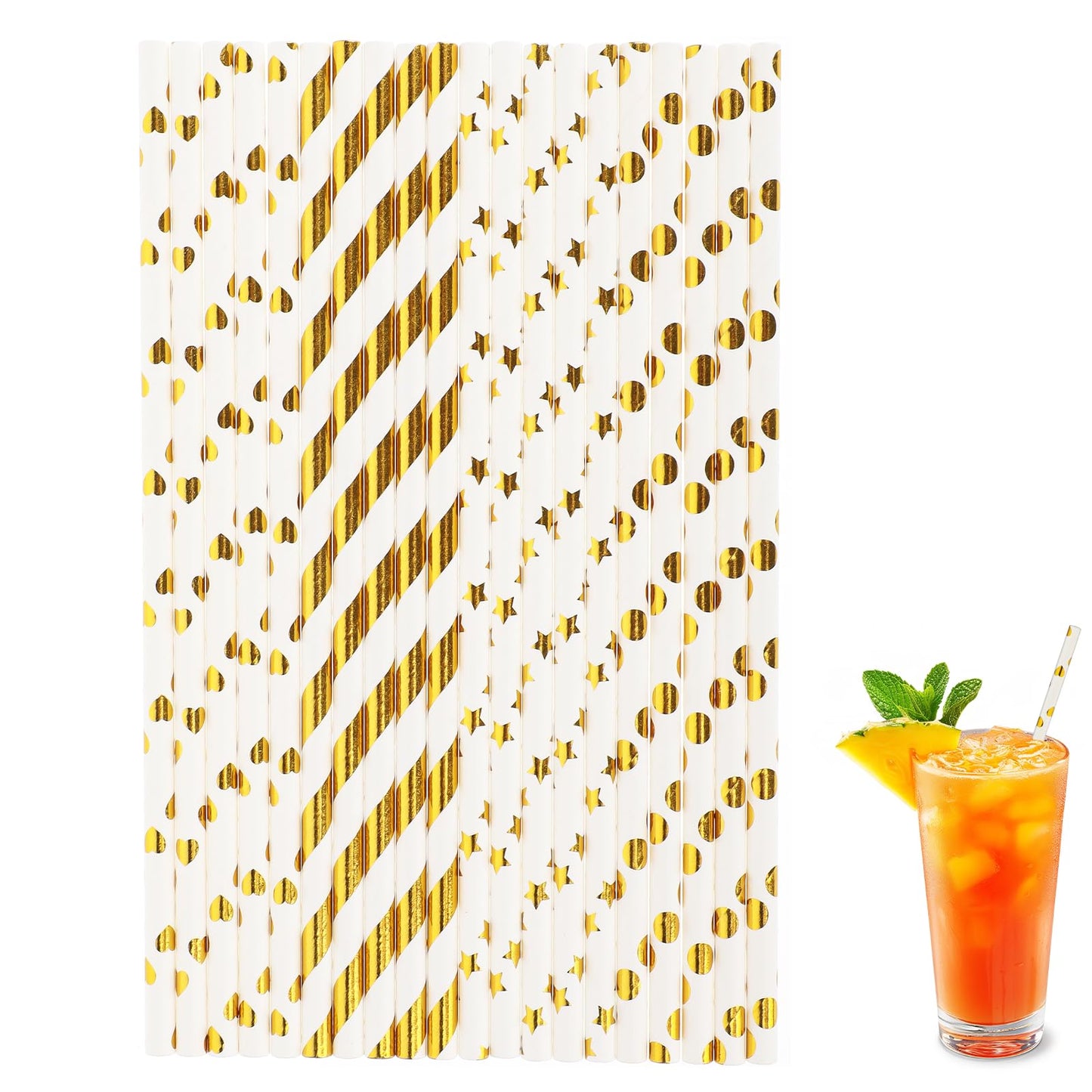 100 Pack Gold Paper Straws, Disposable Gold Paper Straws Bulk, 4 Mixed Styles Metallic Foil Striped/Dots/Heart/Star Straws for Birthday, Wedding, Bridal/Baby Shower, Celebrations and Party Supplies
