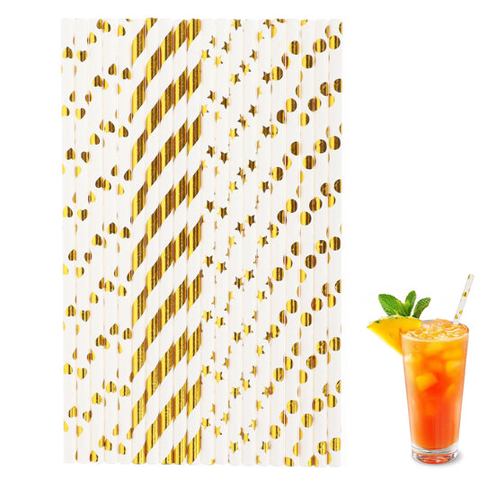 100 Pack Gold Paper Straws, Disposable Gold Paper Straws Bulk, 4 Mixed Styles Metallic Foil Striped/Dots/Heart/Star Straws for Birthday, Wedding, Bridal/Baby Shower, Celebrations and Party Supplies