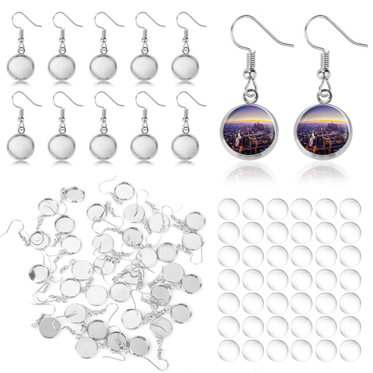 ASTER 50 Pieces Silver Earrings Hooks Blanks, 12 mm Stainless Steel Bezel Trays with Glass Cabochons Setting, Earring Blanks for Jewelry Earrings Making DIY Craft