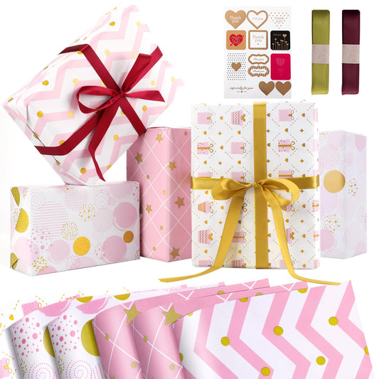 Aster 6 Sheets Gift Wrapping Paper for Girl Women, 28" x 20" Pink Wrapping Paper Birthday with Ribbon & Stickers Pretty Light Pink Wrapping Paper for Birthday, Valentines Day, Wedding