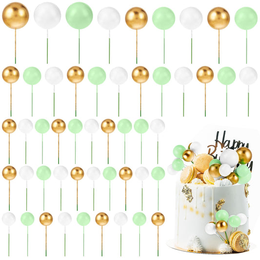 Aster 50 Pcs Ball Cake Topper, Mini Balloon Cake Topper, Cake Balls Sticks Foam Balls Cake Picks Ball Cake Topper Decorations for Wedding Party Birthday Cake Decorating(Gold, White, Green)