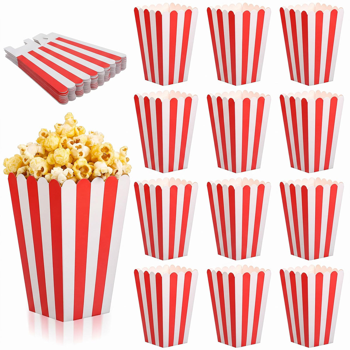 Red Paper Popcorn Bags, Pack of 12, Reusable Cinema Popcorn Boxes, Striped Pattern, Decorative Tableware for Wedding, Baby Shower, Party Supplies