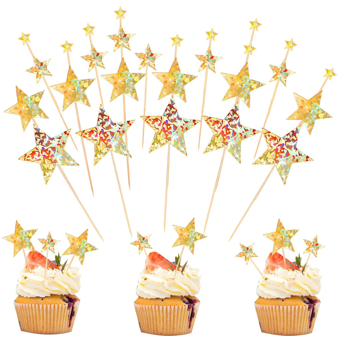Aster 35 Pcs Star Cupcake Toppers, Little Star Cupcake Picks Assembled Twinkle Star Cupcake Topper, DIY Glitter Mini Cake Snack Decorations for Birthday Party Wedding Baby Shower Supplies(Gold)