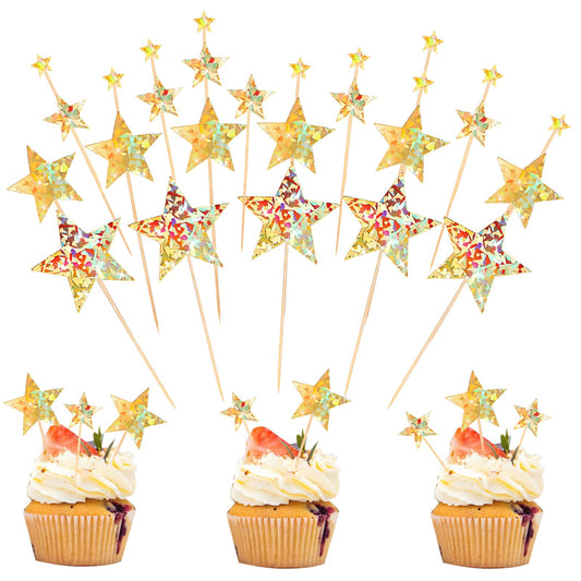 Aster 35 Pcs Star Cupcake Toppers, Little Star Cupcake Picks Assembled Twinkle Star Cupcake Topper, DIY Glitter Mini Cake Snack Decorations for Birthday Party Wedding Baby Shower Supplies(Gold)