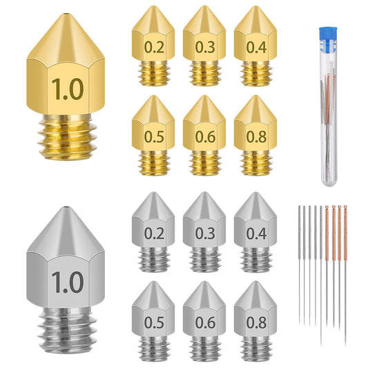 Prasacco 14 Pieces 3D Printer Extruder Nozzles, Hardened Steel Stainless Steel Brass High Temperature Pointed Nozzles with Cleaning Needles, Wear Resistant Nozzle 0.2 0.3 0.4 0.5 0.6 0.8 1.0 mm