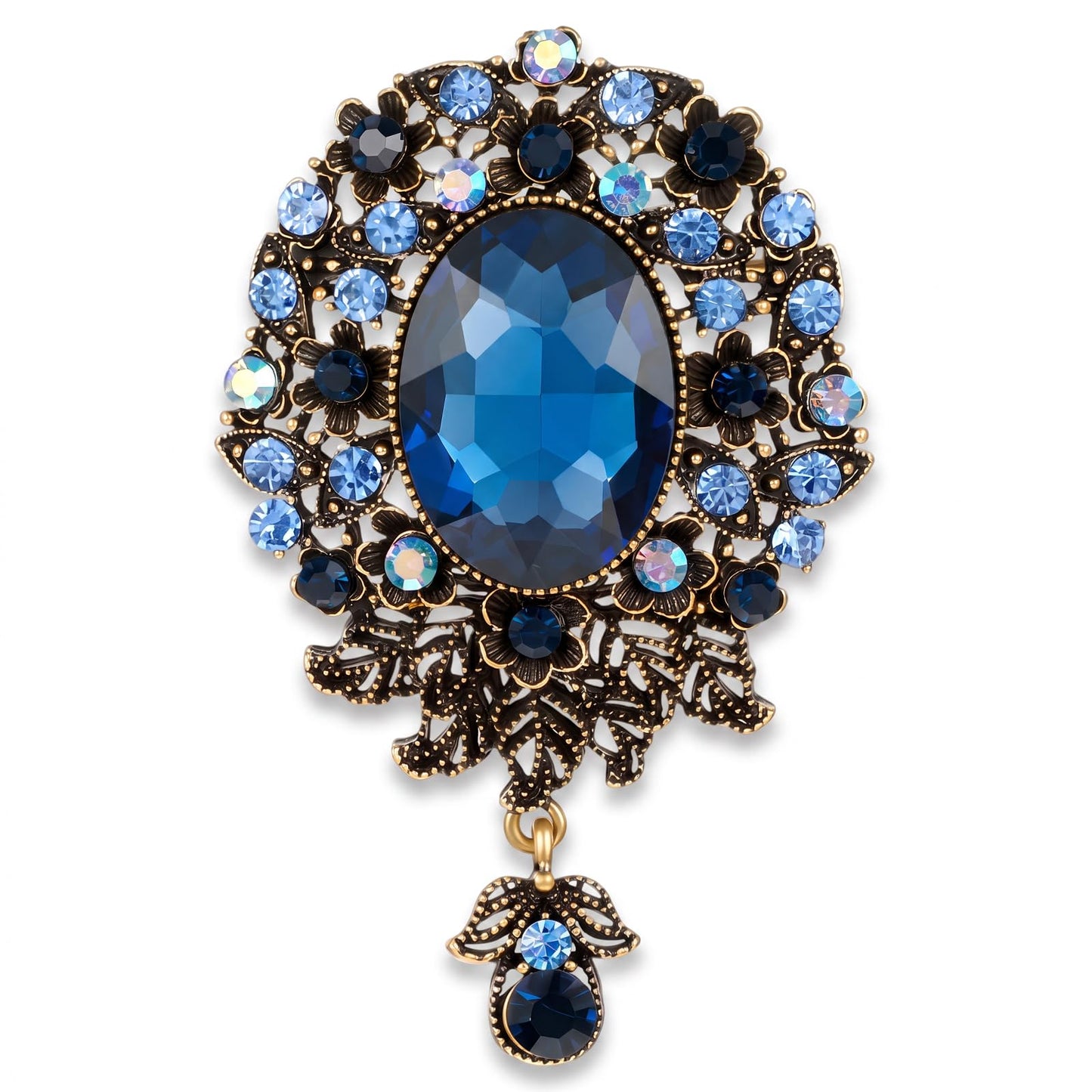 Vintage Rhinestone Brooch for Men Women, Blue Crystal Teardrop Brooch Pins