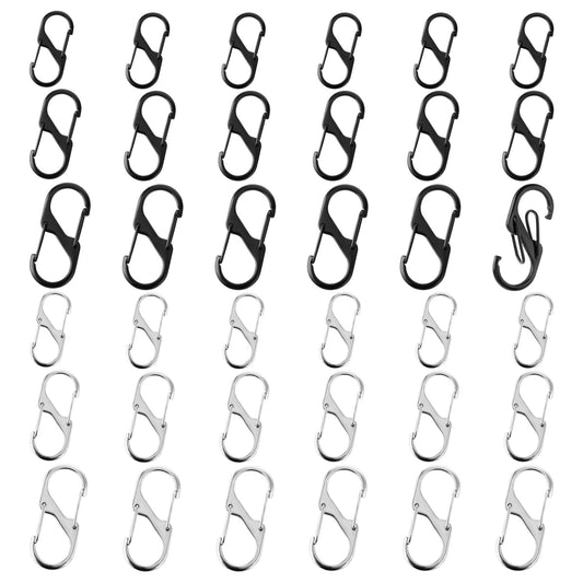 Aster 36Pcs Small Carabiner Clips, S Shaped Carabiner Spring Clips Dual Opening Zipper Clips Anti Theft Mini Carabiner Keyring Clip for Outdoor Hiking Fishing Camping Traveling(3 Size - Black,Silver)