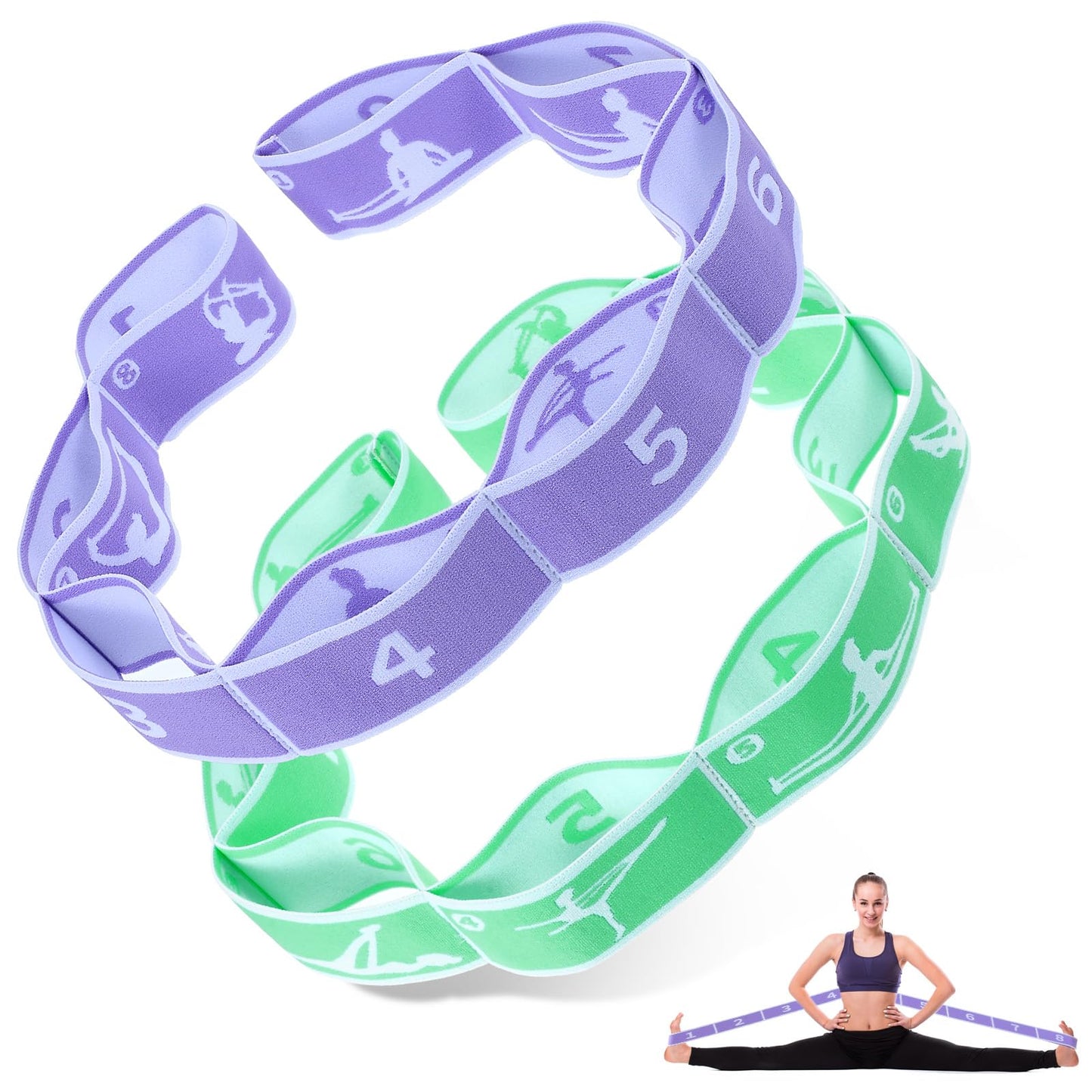 Pack of 2 Yoga Stretching Bands, Highly Elastic Strap, Gymnastics Band, Stretching Band with 8 Loops, Fitness Stretch Strap, for Pilates, Dance, Gymnastics (B)