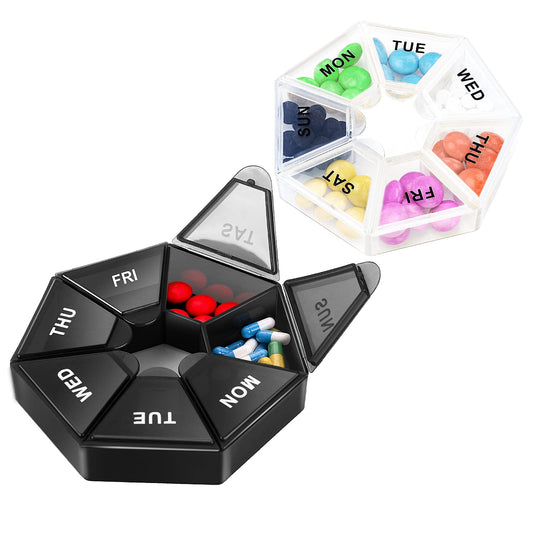 ASTER Weekly Pill Organizer 2 Pack Portable Travel Pill Box 7 Days Medicine Organizer Pill Holder for Vitamins, Fish Oils, and Medication (Black and White)