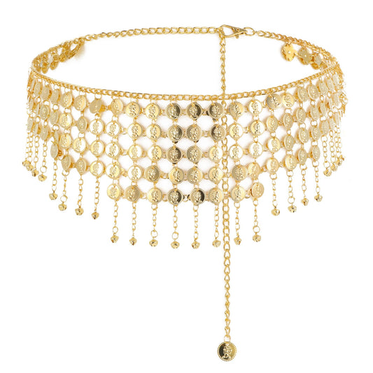 1 Piece Tassel Waist Chain Belly Chain, Golden Coins Belly Chain, Multi-Layer Metal Chain Belt, Gold, Belly Waist Chain for Women Dress Cosplay Party Club Halloween