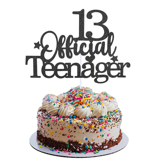 Prasacco 13 Offiicial Teenager Cake Topper, Giltter Cake Topper with Stars Birthday Cake Decorations for Teens 13th Boys and Girls Birthday Party Supplies (Black)