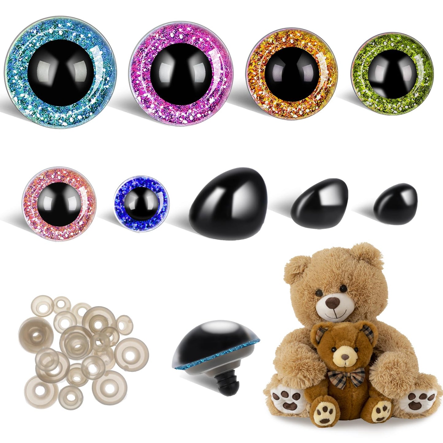 Aster 90 PCS 12-24mm Safety Eyes and Noses, Large Plastic Craft Crochet Eyes Colorful Craft Doll Eyes and Noses Glitter Safety Eyes for Dolls, Plush Toys, Teddy Eyes
