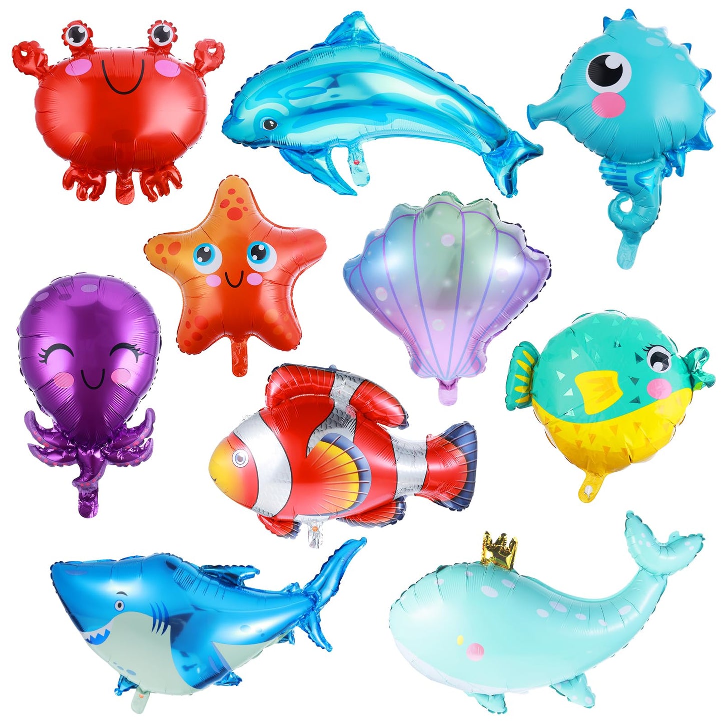 10 Pcs Sea Animal Balloons, Under the Sea Balloons Aluminum Foil Balloons Shark Starfish Pufferfish Octopus Crab Crown Whale Seahorse Shell Clownfish Dolphin Balloon for Ocean Themed Party Decoration