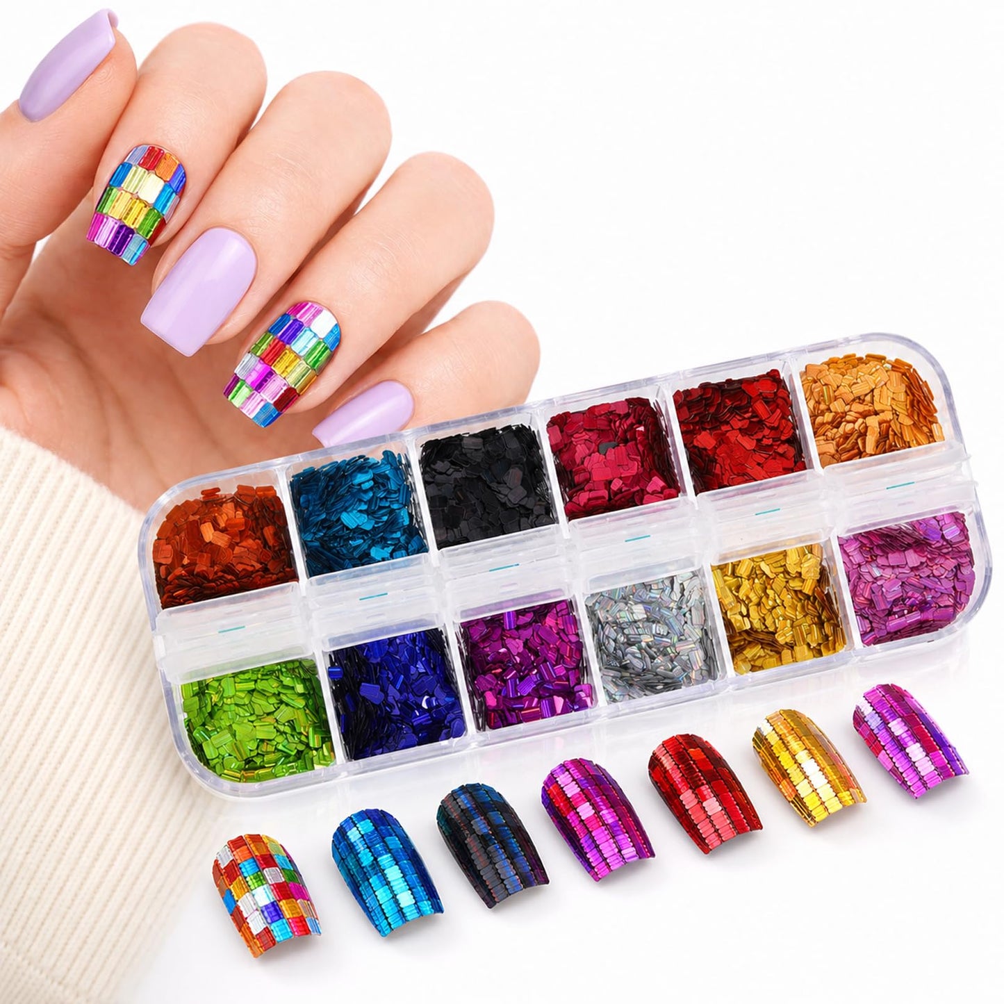 Holographic Square Nail Art Sequins, 12 Colors Sparkly 3D Glitter Flakes