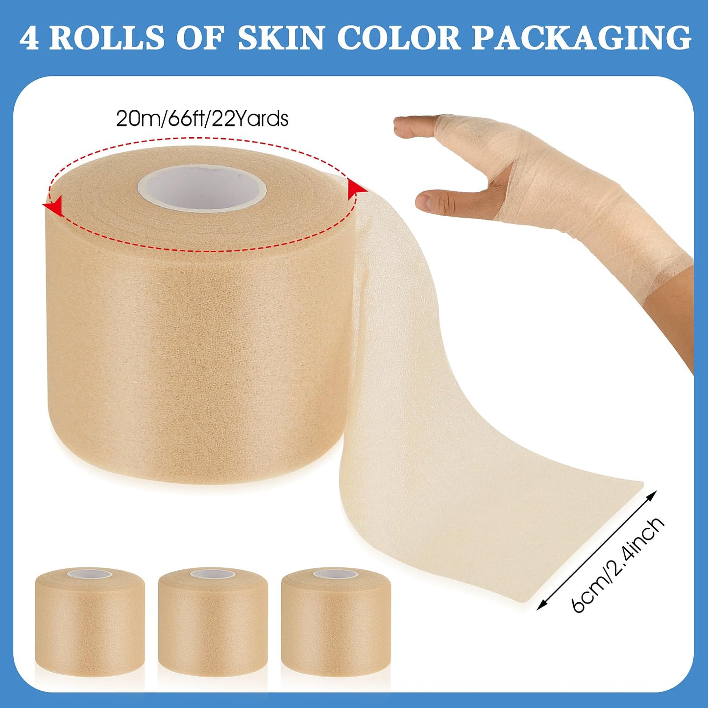 Aster Soft Sports Tapes, 4 Rolls Pre Wrap Tape Foam Underwrap Tape, Non-Adhesive Protective Foam Wrap for Hair Ankles Wrists Hands and Knees, 2.4 Inches x 22 Yards(White, Beige)